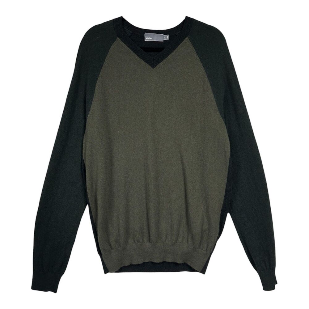 Vince Mens 100% Cashmere Colorblock V Neck Sweater Sz L Green